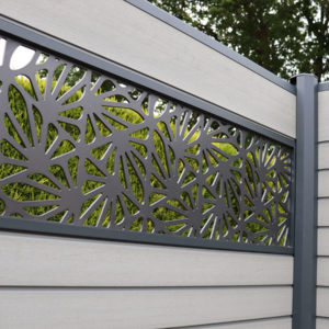 clôture composite gris basalte Océwood. lame décorative aluminium motifs géométriques Grafisk. poteaux gris foncé 7016.